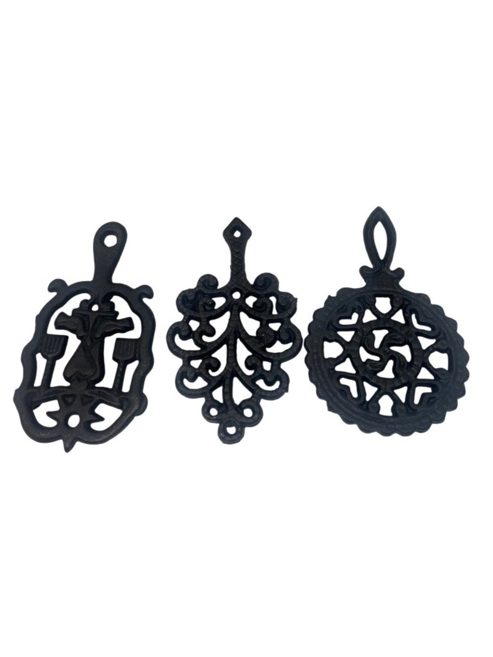 Set Of 3 Small Vintage Cast Iron Trivets with Decorative Design Made in Taiwan